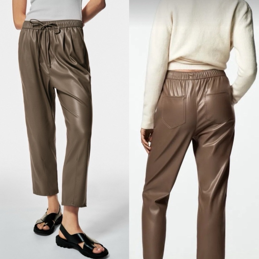 Zara RELAXED FAUX LEATHER THE WEEKEND MID-RISE PANTS Beige Size L